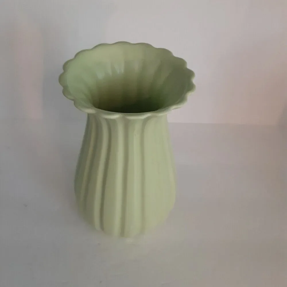 Vintage Ruffle Scallop Vase Spring Green Ceramic Cottage